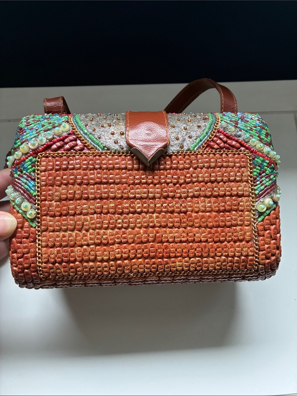 Rare Mary Frances Coral, Turquoise & Brown Beaded Embellished clutch purse - Picture 4 of 9
